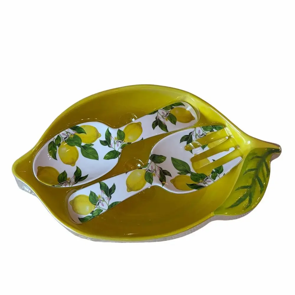 3pc Lemon Shaped Melamine Serving Bowl w/ Utensils Set 16x9.5 NEW